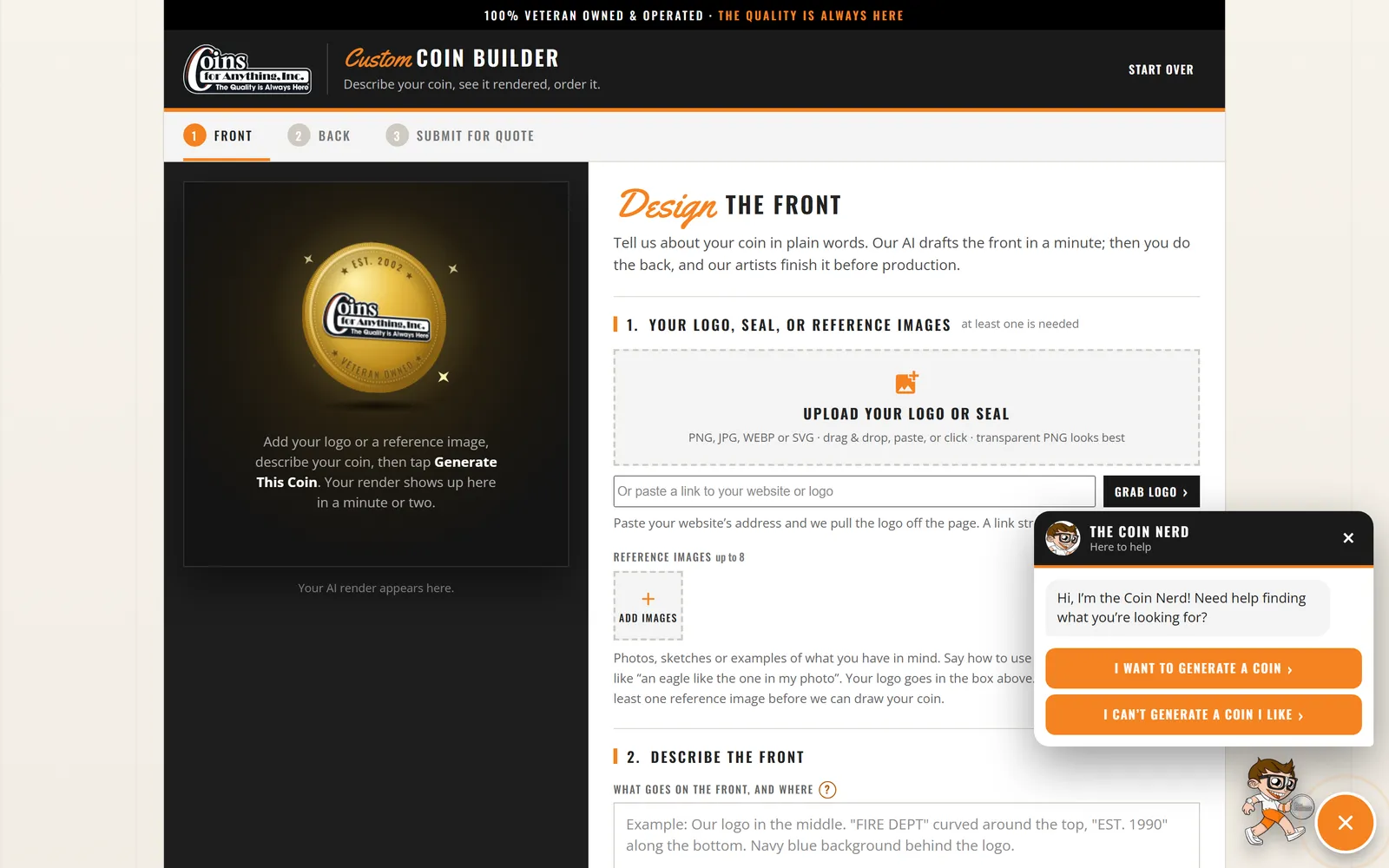 The Coin Nerd mascot assistant open in the corner of the Coin Builder, offering help options