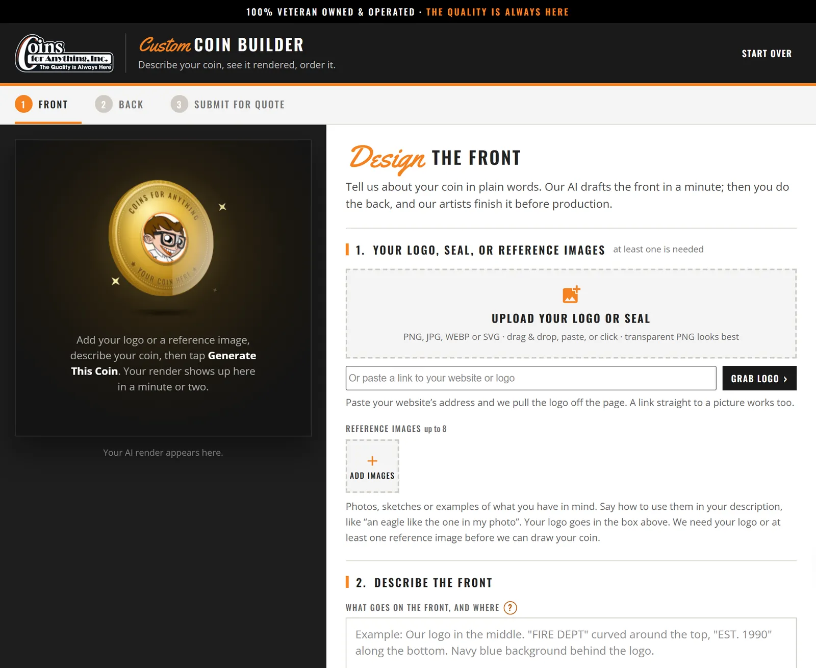 The Coin Builder app: a gold coin preview on the left and the Design the Front form on the right