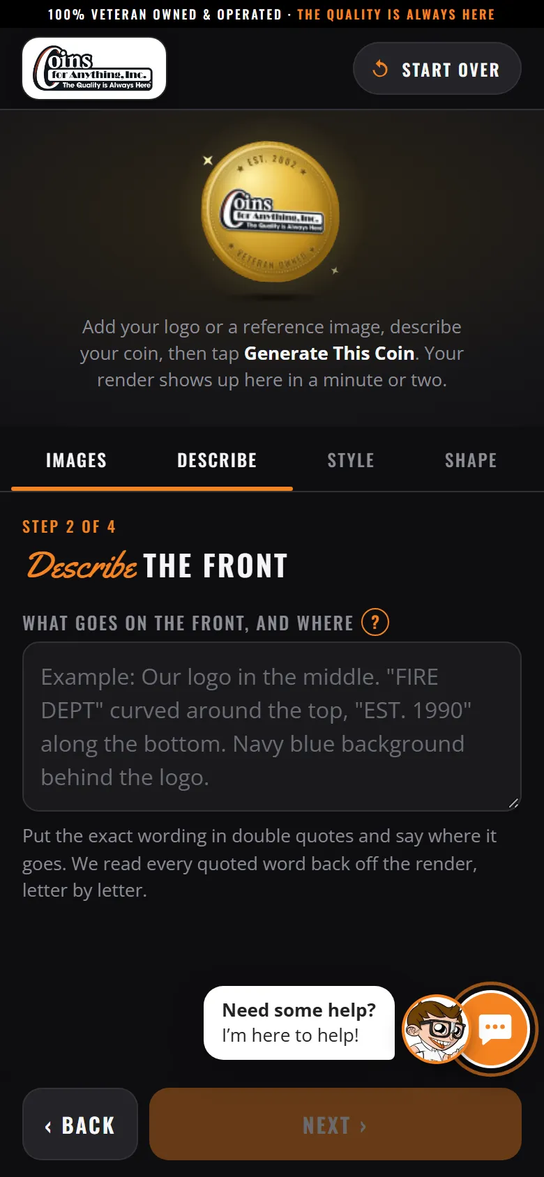 Coin Builder on a phone showing step 2 of 4, Describe the Front, with a help button beside the field