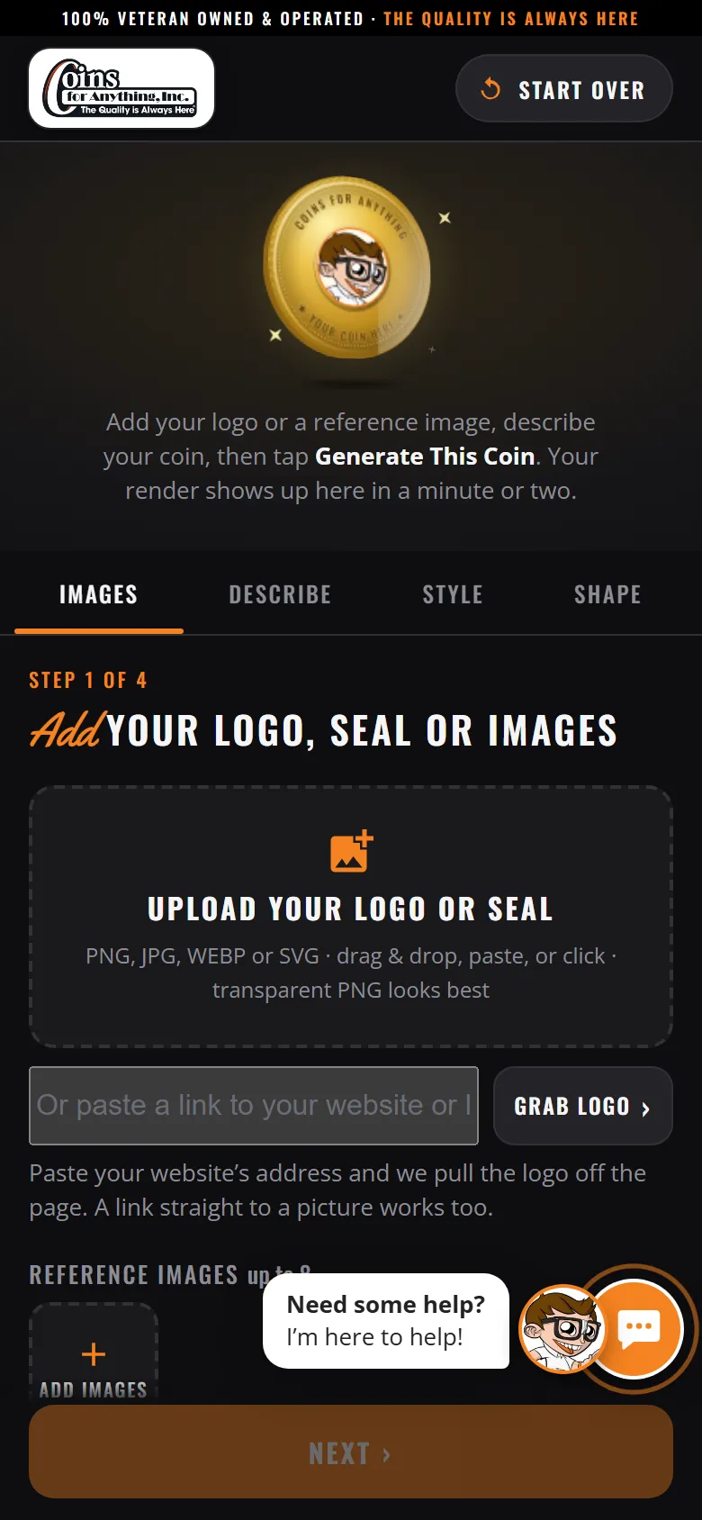 Coin Builder on a phone: coin preview at the top, then a step-by-step Images, Describe, Style, Shape flow