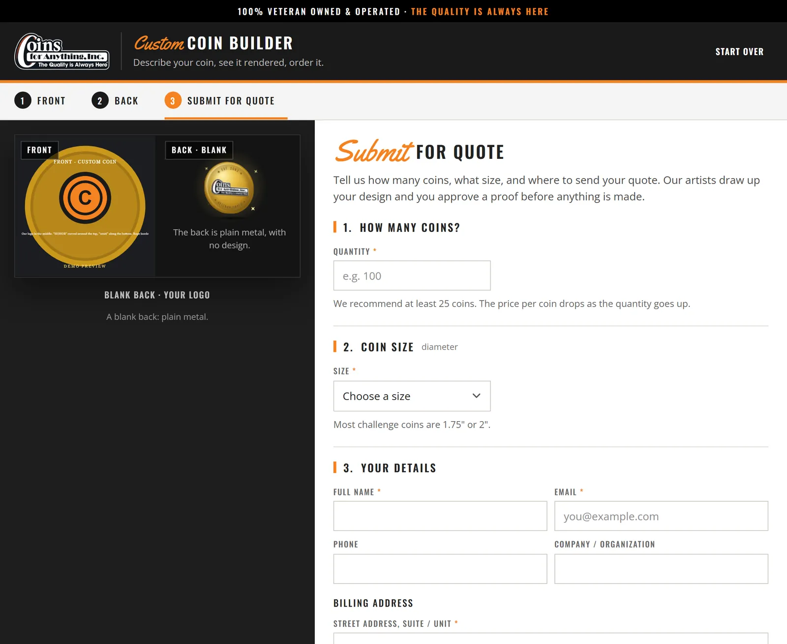 The Submit for Quote step of the Coin Builder: quantity, coin size and contact details beside the coin preview