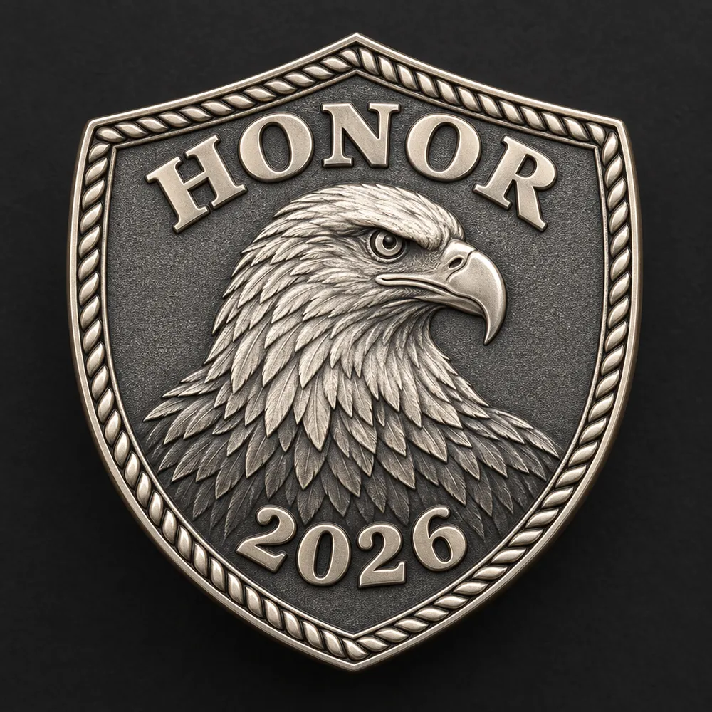 AI render of an antique silver shield coin with a detailed eagle head, HONOR across the top and 2026 at the bottom
