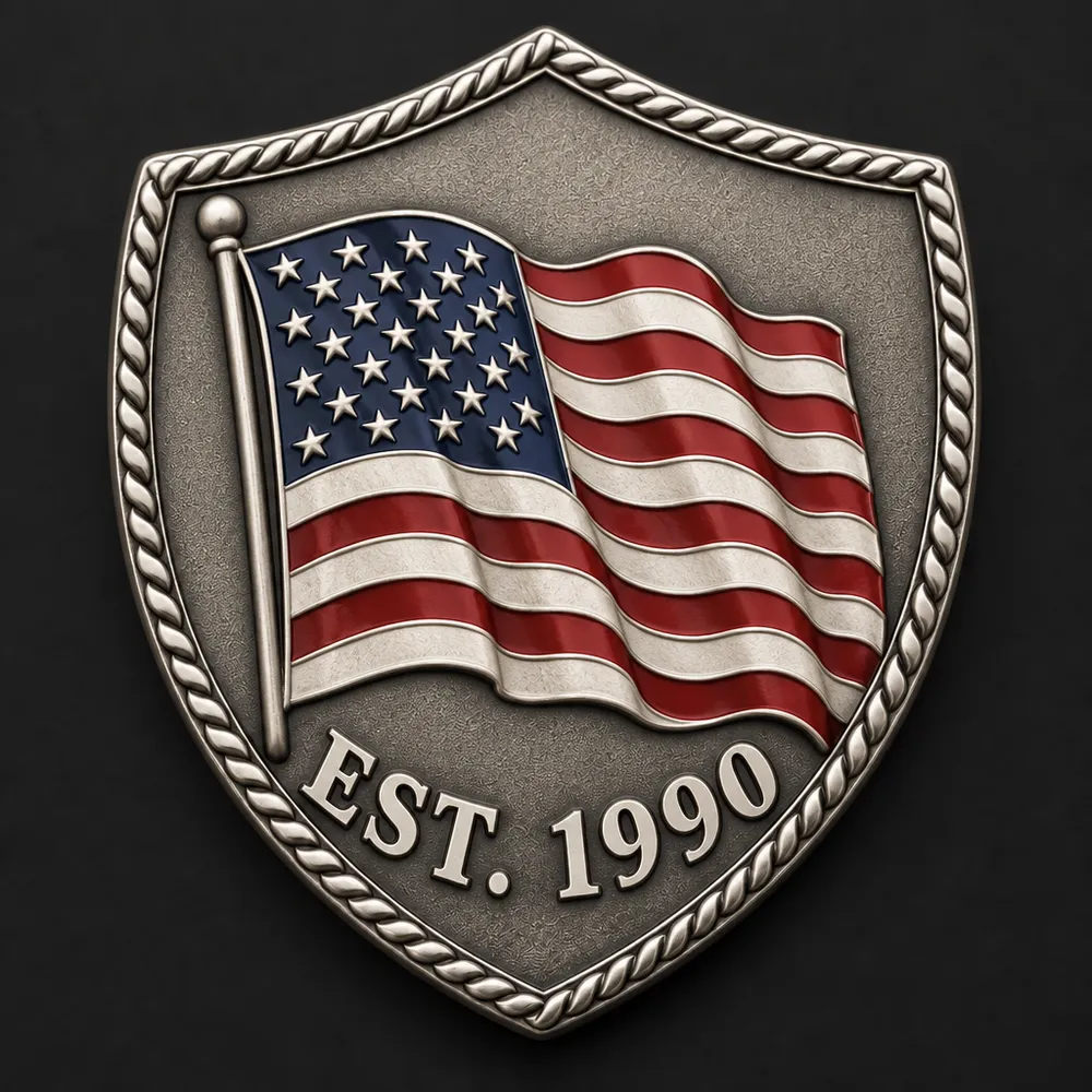 AI render of an antique silver shield coin with an enamel American flag and EST. 1990 along the bottom