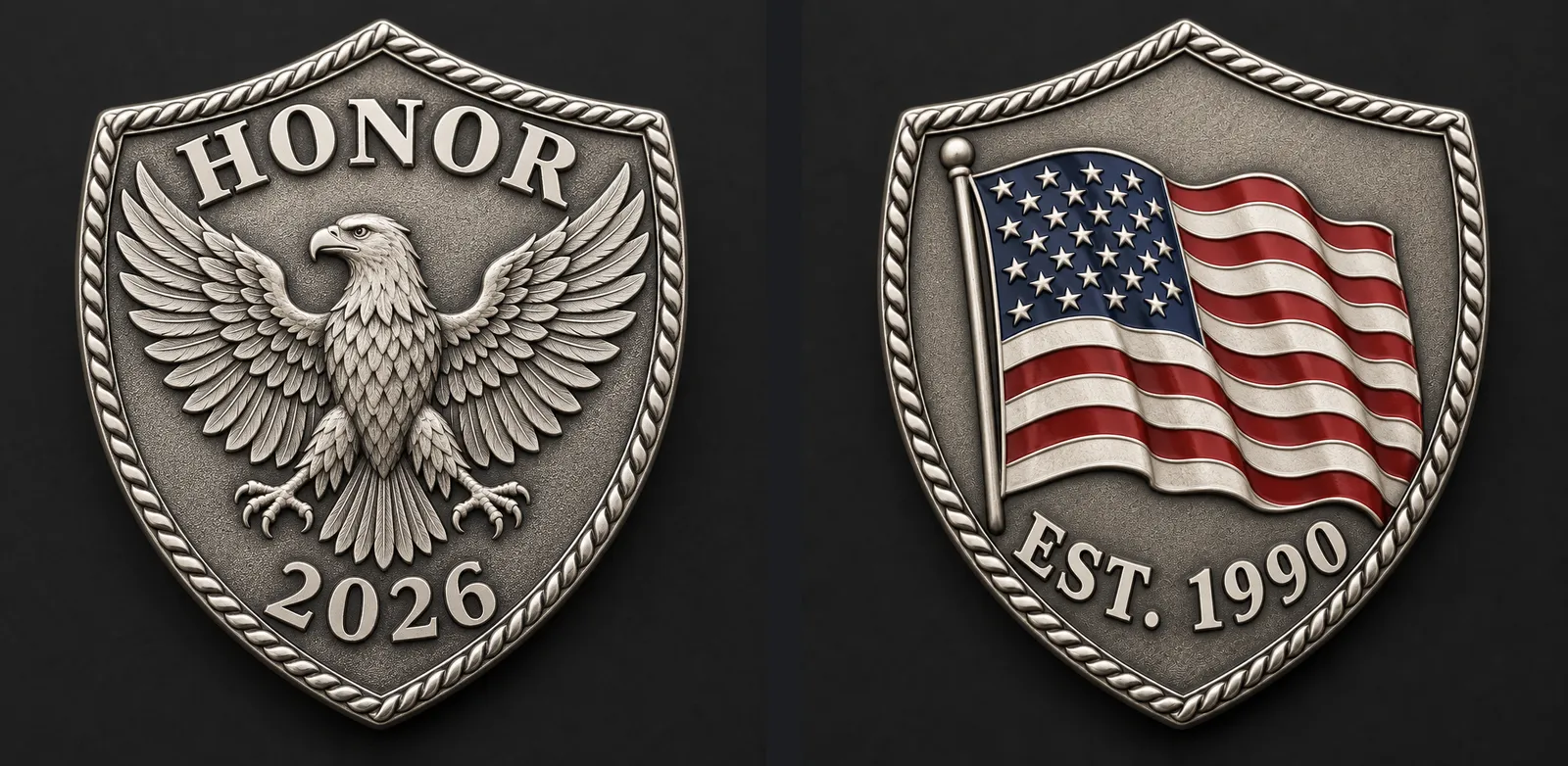AI render of a shield-shaped antique silver coin: an eagle with HONOR 2026 on the front and a waving flag with EST. 1990 on the back