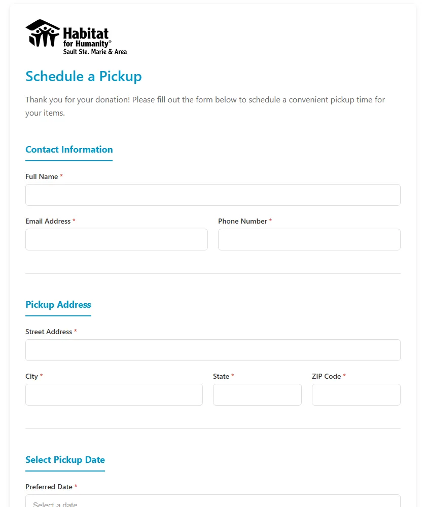 The Schedule a Pickup booking form with contact details, pickup address and preferred date