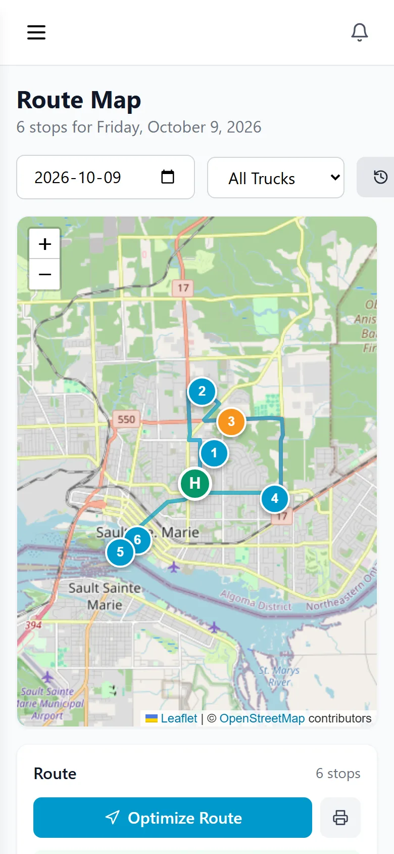 The optimized route map on a phone