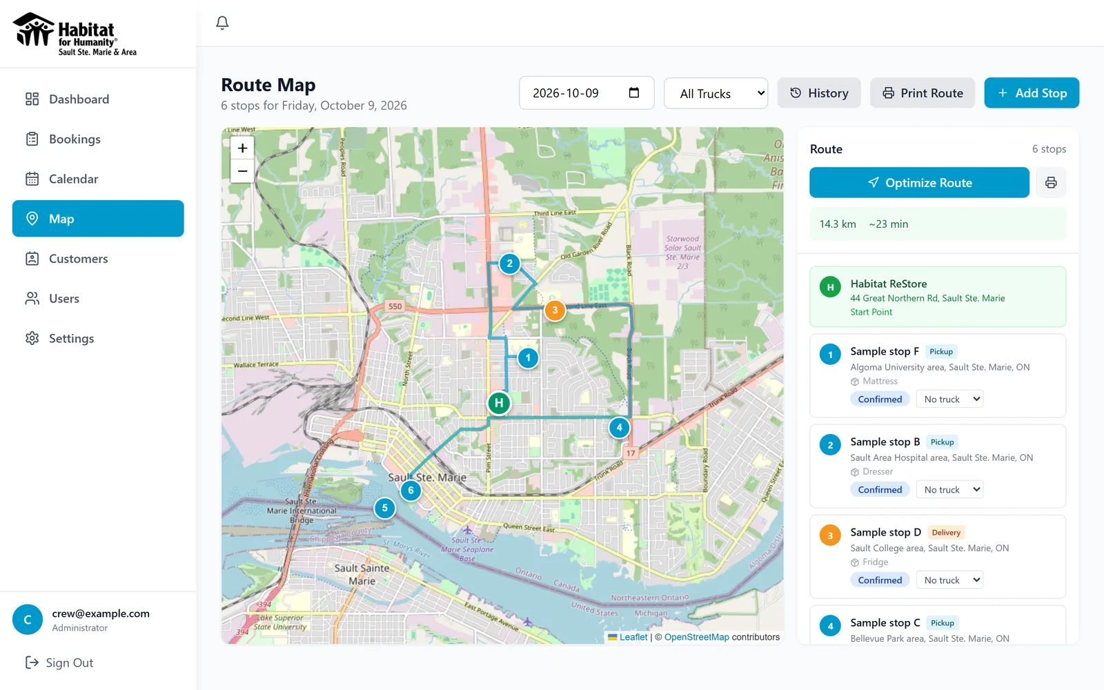 The Route Map in the Habitat portal: six numbered stops on a map of Sault Ste. Marie, joined by an optimized route from the ReStore, with a stop list beside it